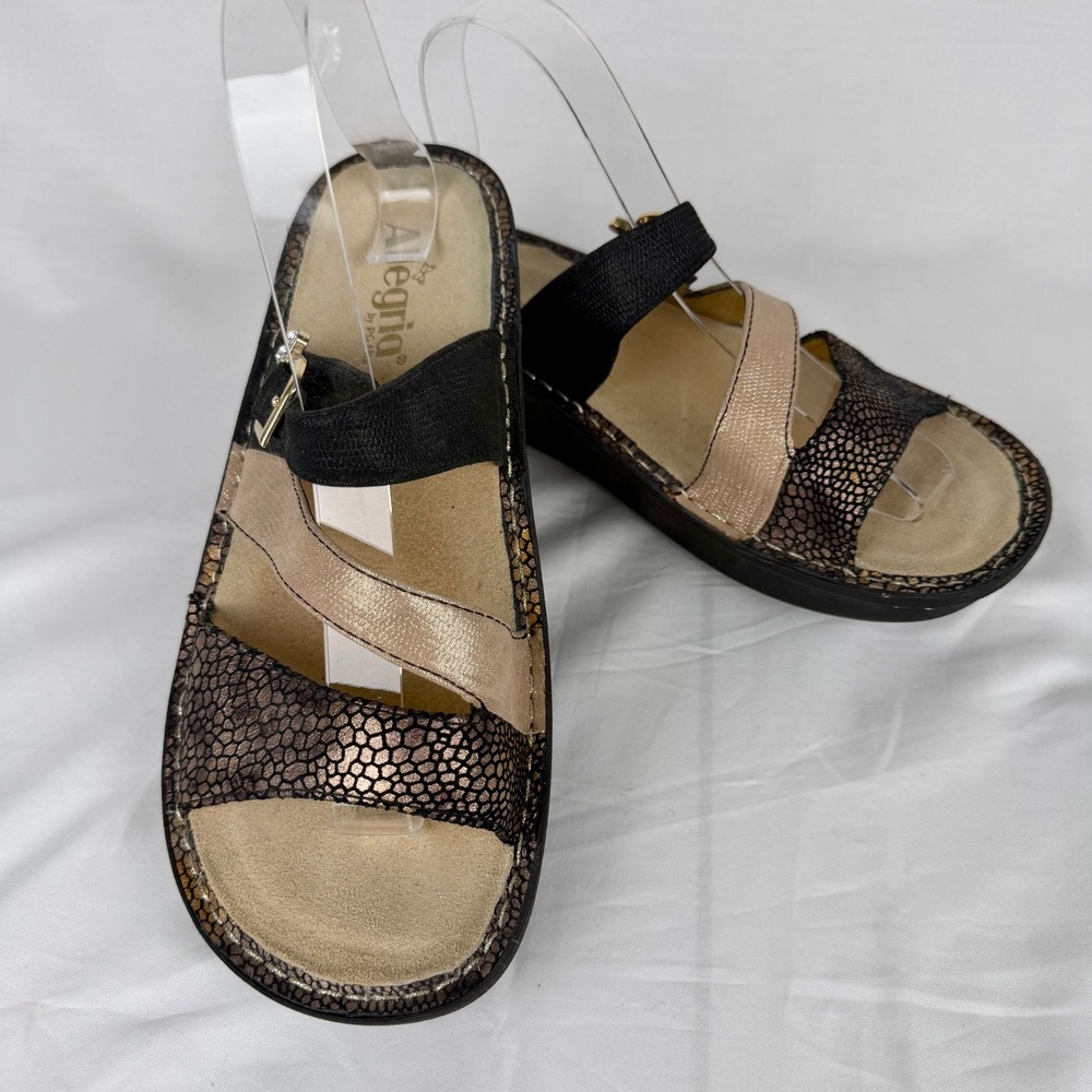 Alegria by PG Lite Bronze Rose Gold Multi Strap Slide Sandals Size 10